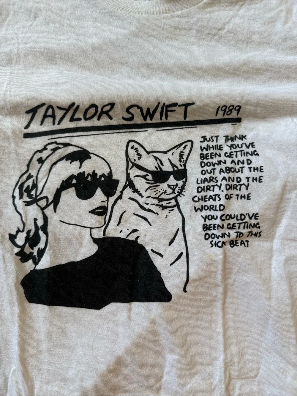 Taylor Swift White Tee with Black Cat Graphic